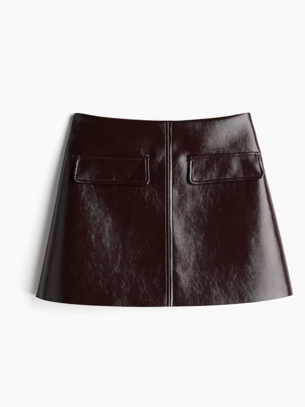 H&M Shiny Dark Brown Faux Leather Mini Skirt with Front Flap Details